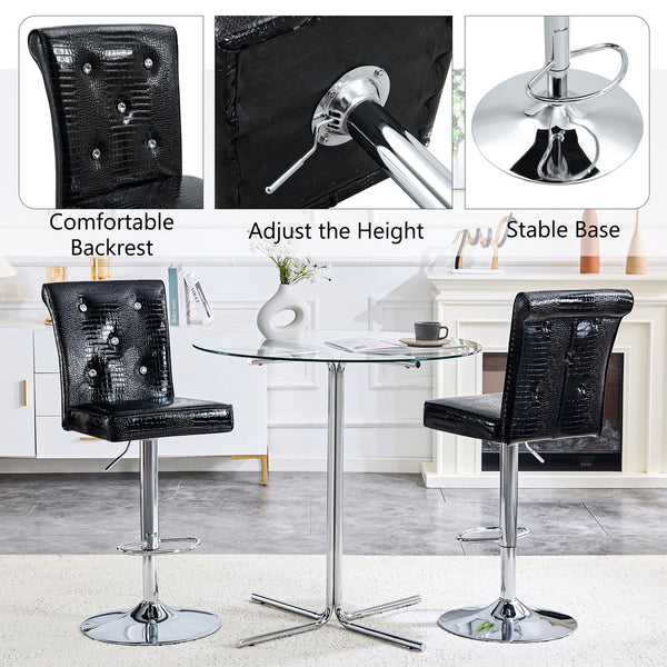 English Elm A Set of 2 Glam Faux Alligator Pvc Barstools with Crystal Buckle Detail Black W1512P491868