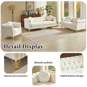 English Elm Velvet Chesterfield Tufted Sofa with Copper Stud Trim and Gold Legs for Glam Living Beige W834S00632