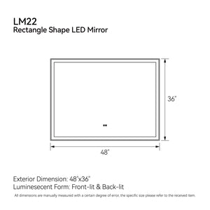 English Elm 48"x36" Modern LED Smart Mirror Bathroom Wall Mirror – Front & Back Glow, 3-Color Touch, Anti-Fog, Memory Mode T3177P284026