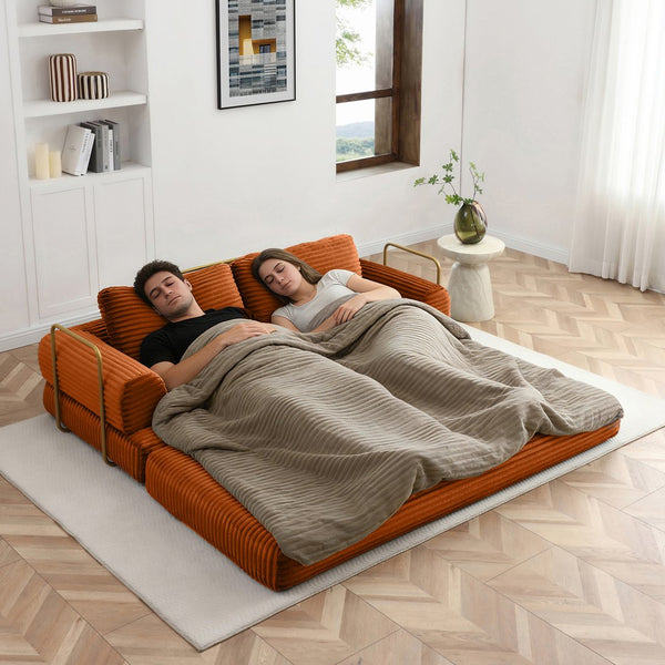 English Elm Convertible Floor Sofa Futon with Corduroy Upholstery for Living Room Lounging and Sleeping Orange W1117P434732