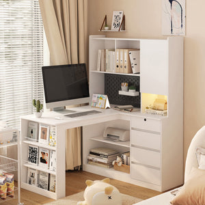 English Elm L Shaped Desk With Charger & Drawers - Modern Corner Computer Desk For Home Office & Gaming Setup W1321S00023