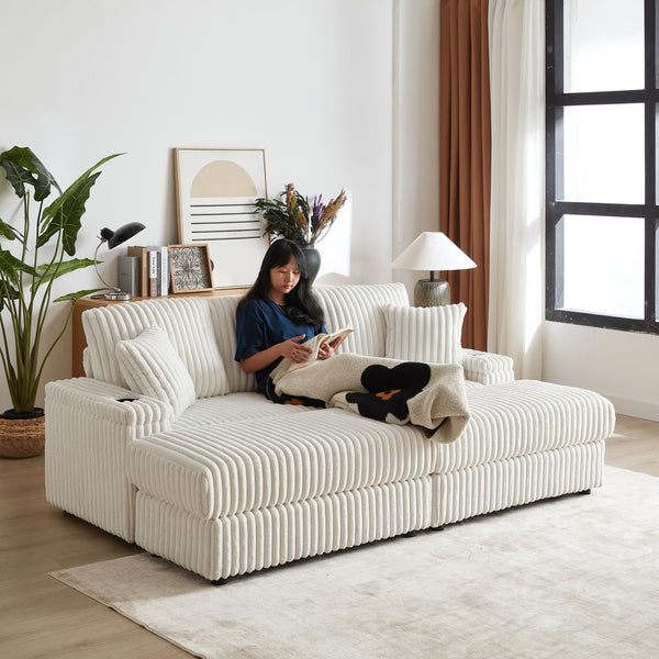 English Elm 84Inch Corduroy sofa with deep seats, 3 back pillows, 2 toss pillows, ottomans, cup grooves, storage Beige W834S00357