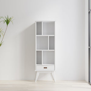 English Elm Draper Mid Century White Bookcase & Storage Unit — Solid Rubberwood, 6 Shelves, Drawer, Retro Chic B136P238620