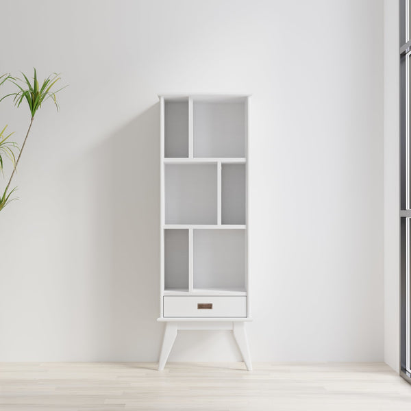 English Elm Draper Mid Century White Bookcase & Storage Unit — Solid Rubberwood, 6 Shelves, Drawer, Retro Chic B136P238620