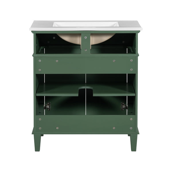 English Elm 30-inch bathroom vanity with ceramic basin, solid wood frame, soft-close doors and adjustable shelves for organized style and lasting durability Green N729P173380F