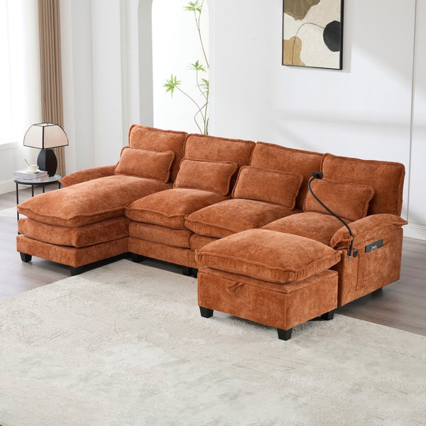 English Elm United We Win 106" U-Shaped Sectional Sofa - Comfy Chenille Couch With Usb Ports, Storage Ottoman & Pillows W1568S00234-GIGA