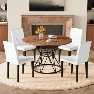 English Elm Table and Chair Set Retro Rectangular Dining with Textured Black Top Gray Linen Seats W1151S04849