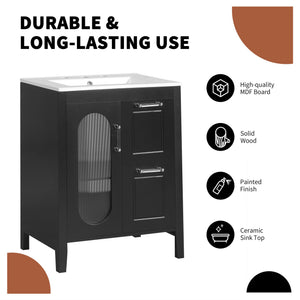 English Elm 24" Modern Bathroom Vanity with Ceramic Sink, Solid Wood & MDF Cabinet, Two Drawers, Shelf Black N725P245273B