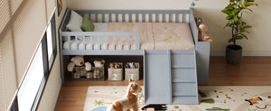 English Elm Twin Platform Kids Bed with Slide Ladder Guardrails Storage Shelf Wood Frame Gray N733S415411E