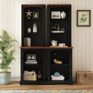 English Elm On-trend Two Piece Walnut Veneer Freestanding Bookcase Set with Curved Sculptural Black N721P394507B