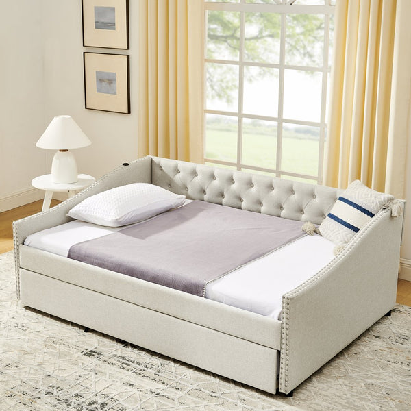 English Elm Full Size Upholstered Daybed with Trundle Usb Ports Tufted Back Wave Arms W1413S00158