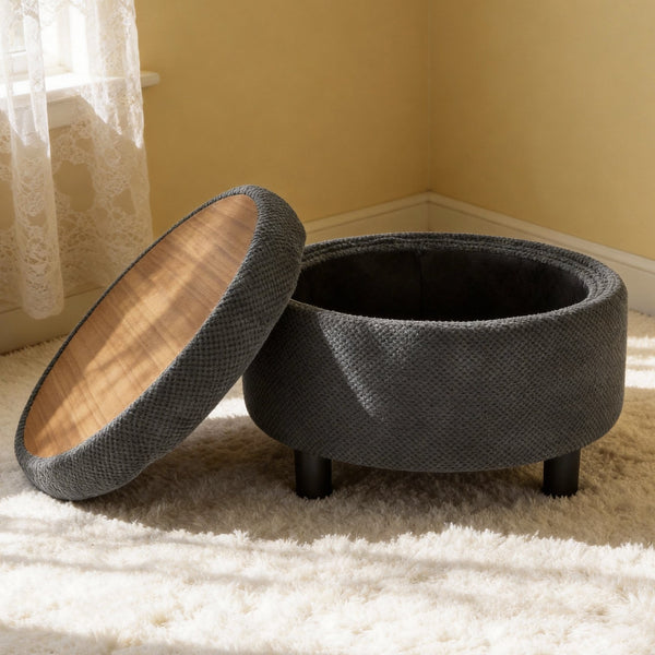 English Elm 25 Inch Round Fabric Pouf Ottoman with Removable Wooden Lid and Hidden Interior Storage Dark Grey W5568P461310