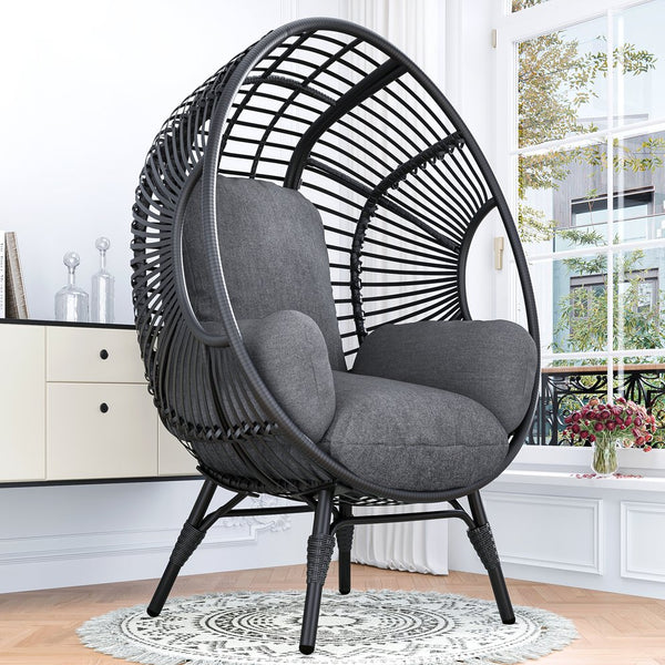 English Elm New PE Wicker Egg Chair with Ergonomic High-Front Low-Back Design, Weather-Resistant Rattan & Plush Cushion Comfort Black+ Gray W400P241060