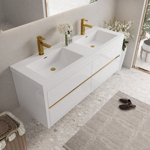 English Elm 60'' Floating Wall Mount Vanity Dual Quartz Basins Smoked Walnut Fluted Cabinet W1920P385580