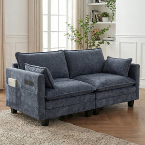 English Elm Modern Chenille Three Seat Sofa with Ottoman Usb Charging Ports and Storage Pockets Blue W2519S00004