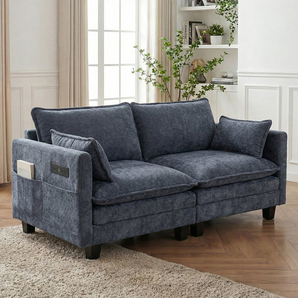 English Elm Modern Chenille Three Seat Sofa with Ottoman Usb Charging Ports and Storage Pockets Blue W2519S00004