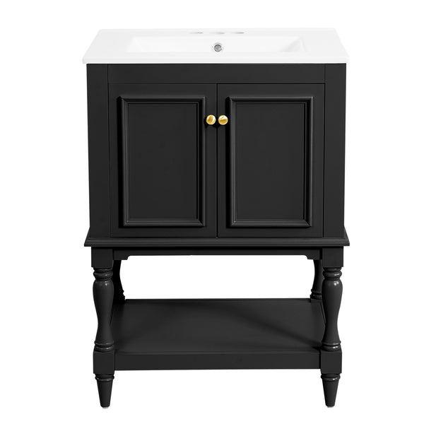 English Elm 24'' French Style Bathroom Vanity with Ceramic Sink Soft Close Cabinet and Drawer Black N710P411341B