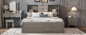 English Elm King Platform Bed with 8 Drawers Open Headboard Compartments and Pine Wood Frame Gray GX000454AAE-1
