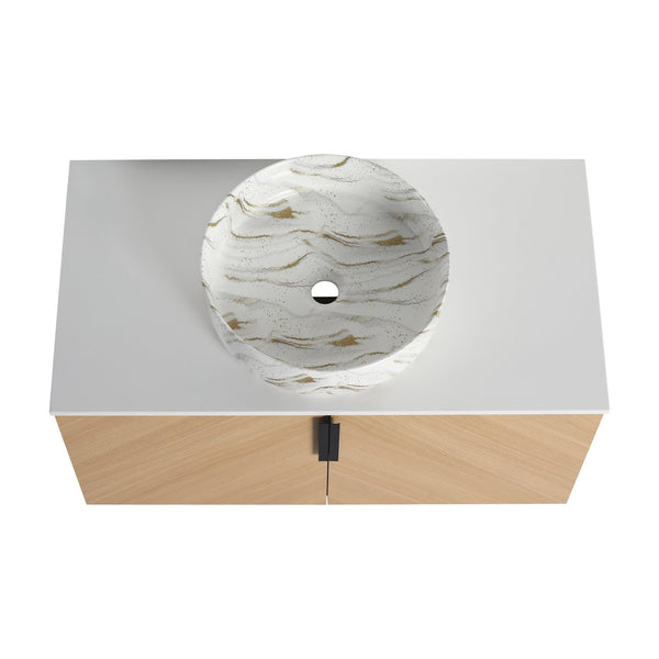 English Elm 36" Modern Bathroom Vanity With Ceramic Sink & Stone Slab, Wall-Mounted, Soft-Close Doors, Oak Finish W999S00450