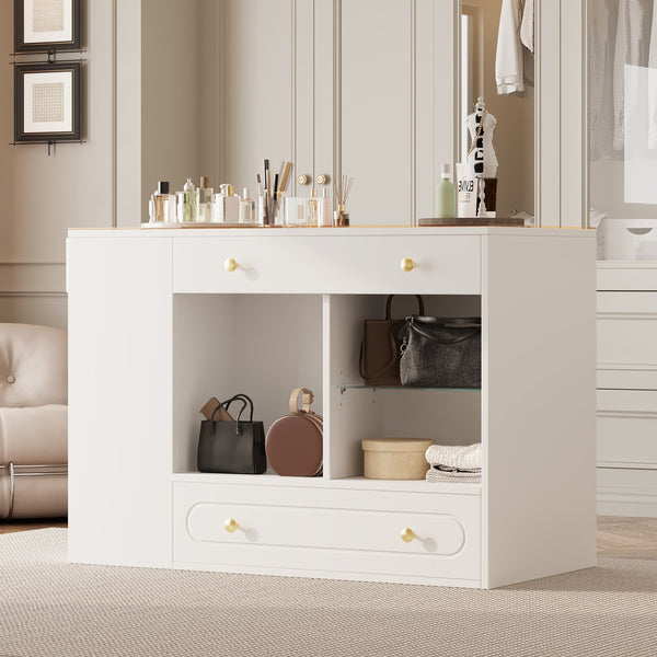 English Elm Closet Elegant walk-in island with glass display top, 6 drawers and open shelves for organized storage White 39.76 L x 17.32 W x 12.2 H N733S304513K