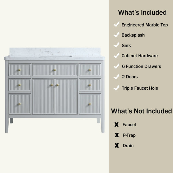 English Elm Fully Assembled 48" Grey Single Sink Bathroom Vanity with Solid Rubberwood, Carrara Top, Soft-Close Drawers W1826P308981