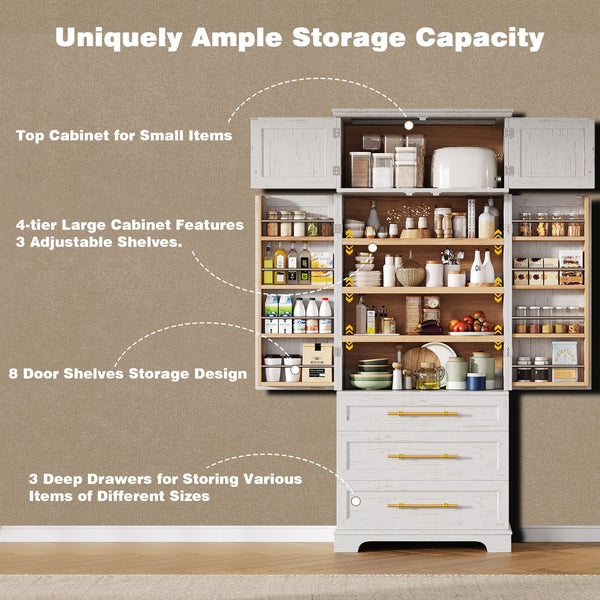 English Elm K&k Farmhouse Pantry Cabinet Tall Freestanding Kitchen Storage with Drawers Shelves White N707P356569W