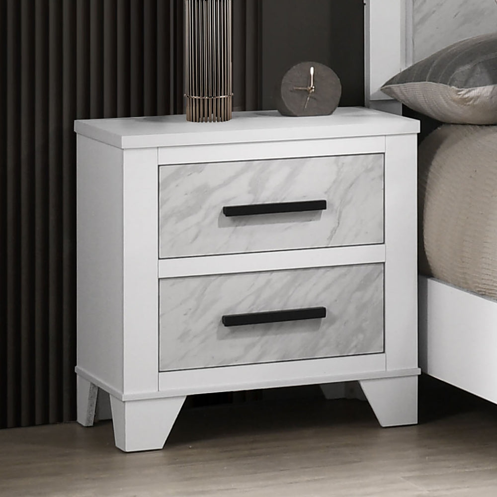English Elm White Contemporary Nightstand with Faux Marble Inset, Black Bar Pulls, Metal Glide, 23"W x15"D x24"H B2741P406264