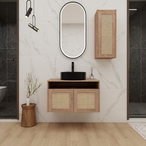 English Elm 30" Floating Bathroom Vanity Set with Ceramic Vessel Sink and Rattan Side Cabinet W999S00496