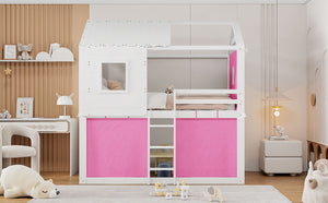 English Elm Full Size Kids Playhouse Bunk Bed Pinewood Frame with Tent Roof and Window Cutouts Pink LT000380AAH-1