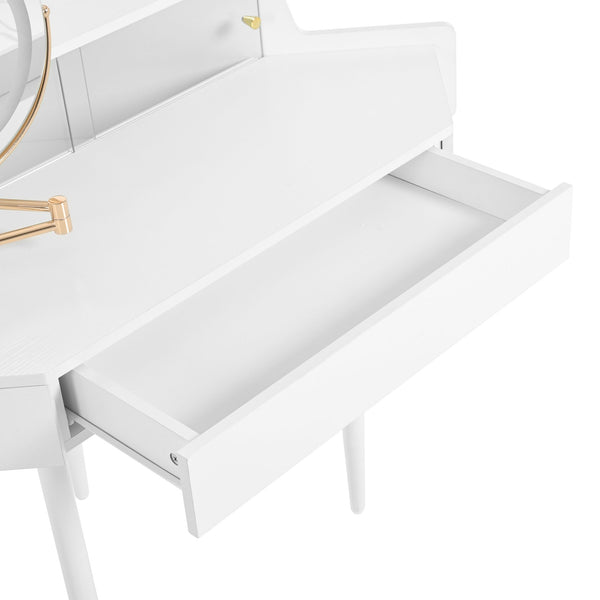 English Elm Corner Makeup Vanity Desk with 360° Rotating LED Mirror, Adjustable Brightness, L-Shaped Corner Design and Pull-Out Storage for Small Spaces White N844P263663A