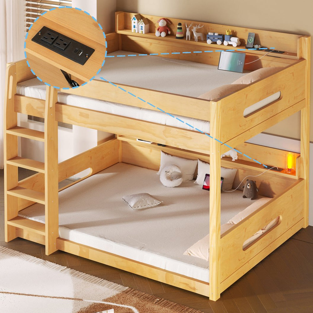 English Elm Queen Over Pine Bunk Bed with Built-in Shelves and Usb Charging Ports Wood N7090002238D
