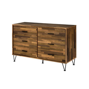 English Elm Hestia Walnut Finish Dresser with 6 Smooth-Glide Drawers, Storage Headboard & Metal Legs for Modern Bedrooms B2726P256300