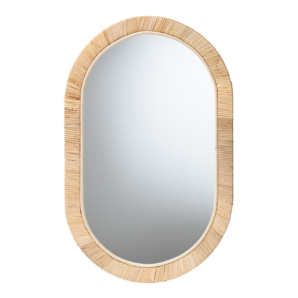 English Elm Modern Oval Rattan Woven Mahogany Frame Wall Mirror for Boho Entryway Decor B2750P467645