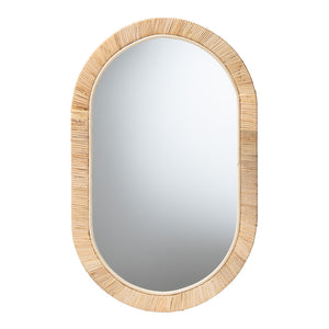English Elm Modern Oval Rattan Woven Mahogany Frame Wall Mirror for Boho Entryway Decor B2750P467645