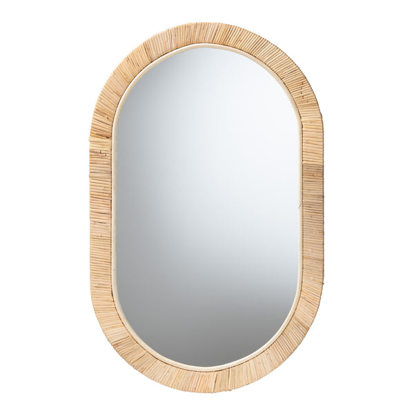 English Elm Modern Oval Rattan Woven Mahogany Frame Wall Mirror for Boho Entryway Decor B2750P467645