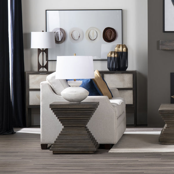 Crestview Collection Stacked Hourglass Wood End Table - Modern Mindi Wood Design With Warm Gray Finish For Stylish Décor Brown Solid Wood Cvfnr4416