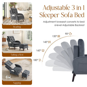 English Elm Upholstered Velvet Accent Chair and Ottoman with Storage, Tufted Design, 6-Level Adjustable Backrest Dark Gray T3623P411376