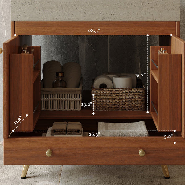 English Elm Mid-century Freestanding Bathroom Vanity with Marble Stone Top and Gold Steel Legs W3136S00065
