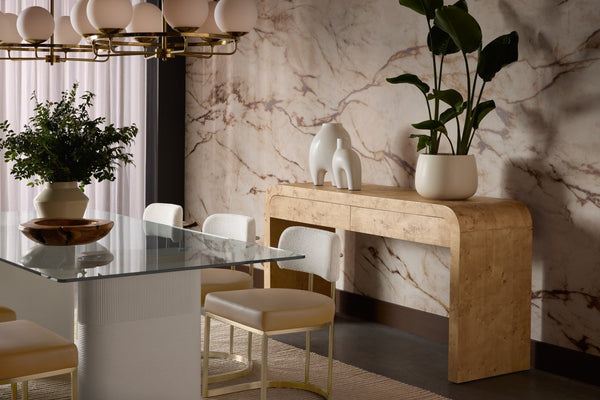 Sunpan ROWENA Console Table – Modern Burl Veneer Entryway Table with Sculptural Design for Sophisticated Decor 112668