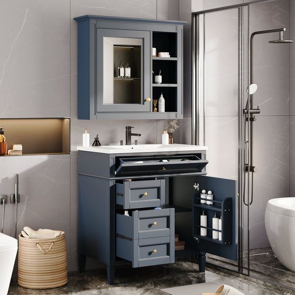 English Elm 30'' Modern Bathroom Vanity with Integrated Mirror Cabinet, Ceramic Sink, 3 Drawers & Ample Storage Blue SW000126AAC-1