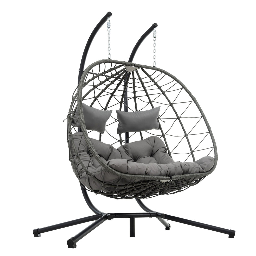 English Elm 2 Person Wicker Hanging Egg Chair with Freestanding Stand Outdoor Patio Swing Seat Light Gray W1703P444369