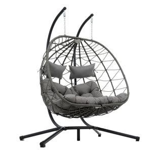 English Elm 2 Person Wicker Hanging Egg Chair with Freestanding Stand Outdoor Patio Swing Seat Light Gray W1703P444369