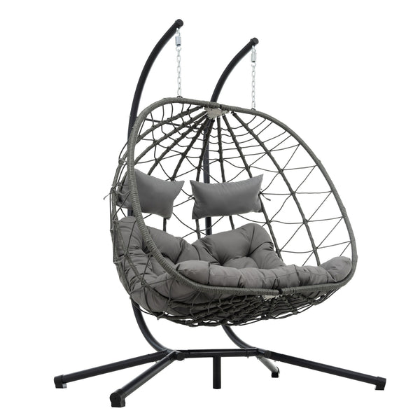 English Elm 2 Person Wicker Hanging Egg Chair with Freestanding Stand Outdoor Patio Swing Seat Light Gray W1703P444369