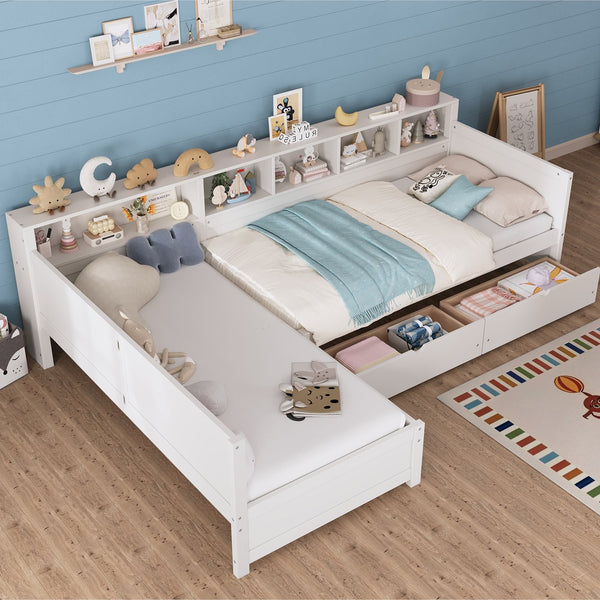 English Elm Twin Corner Daybed with Storage Drawers Bookshelf Wood L-shape Frame for Small Rooms White N733S369272K