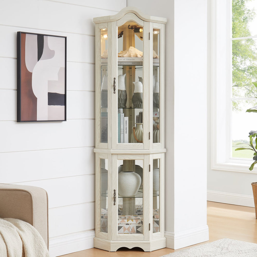 English Elm Lighted Corner Curio Cabinet With Adjustable Shelves & Integrated Lighting - Elegant White Oak Display W1758P300125