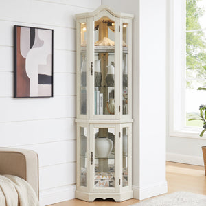 English Elm Lighted Corner Curio Cabinet With Adjustable Shelves & Integrated Lighting - Elegant White Oak Display W1758P300125