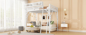 English Elm Queen Size Metal Loft Bed with Ladder and Built-In Storage Shelves, Sturdy High Bed for Teens 99" White W2580P379980