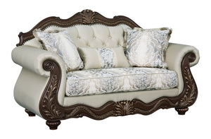 English Elm Pierce Elegant Beige Fabric Loveseat with Cherry Finish, Tufted Detail, Pocket Coils & 3 Pillows B2726S00275
