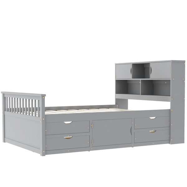 English Elm Full Size Captain Platform Bed Frame With Storage, Bookcase Headboard & Configurable Drawers, Gray N7090000473E