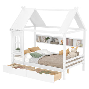 English Elm Full House Solid Wood Platform Bed with Window Roof, Under-Bed Drawers & Shelves for Kids' Rooms Light White W1580S00267